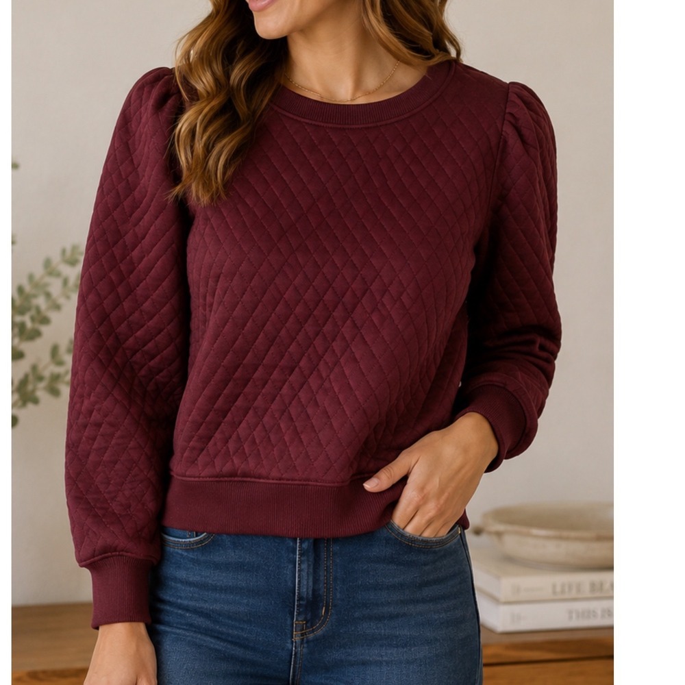 Marine Layer Corbet‎ Quilted Puff Sleeve Crewneck in Merlot Women's Sz S